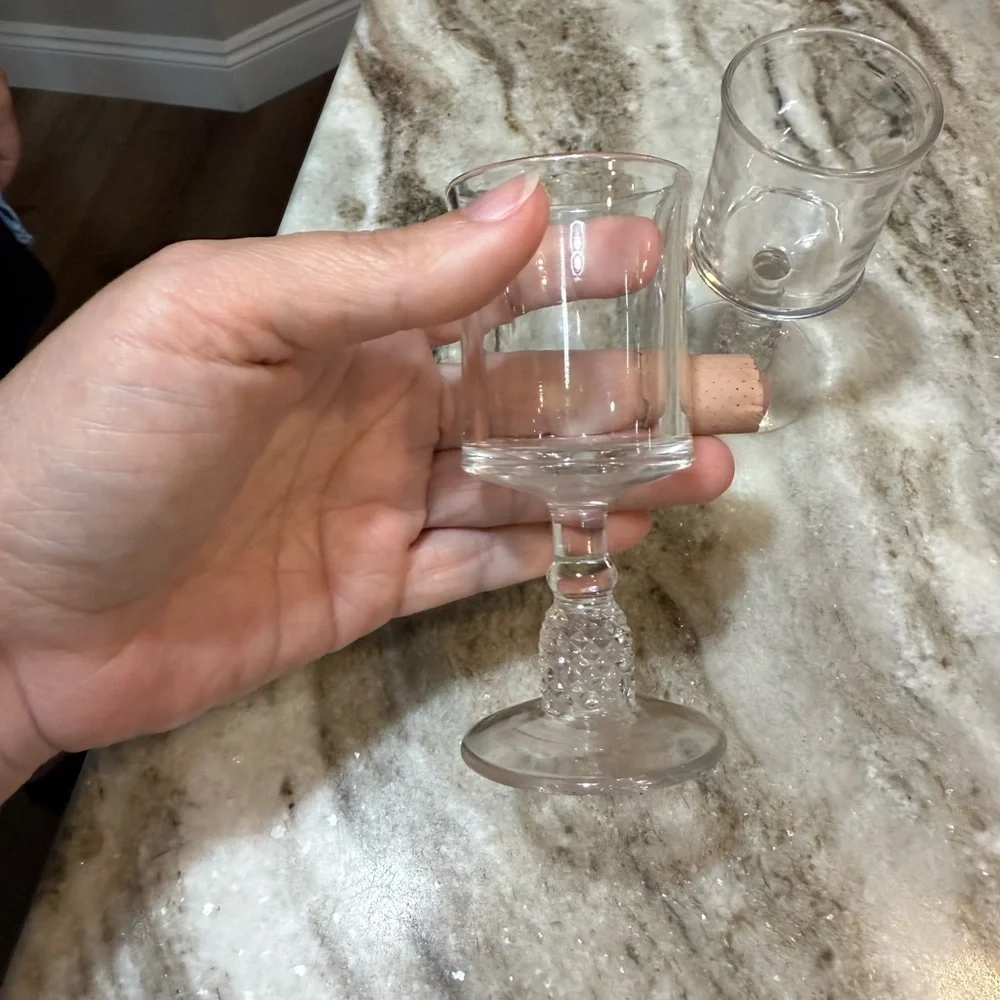 Vintage Pressed Glass Cordial Goblets Pair, 4.25” Diamond Cut Stems liqueurs